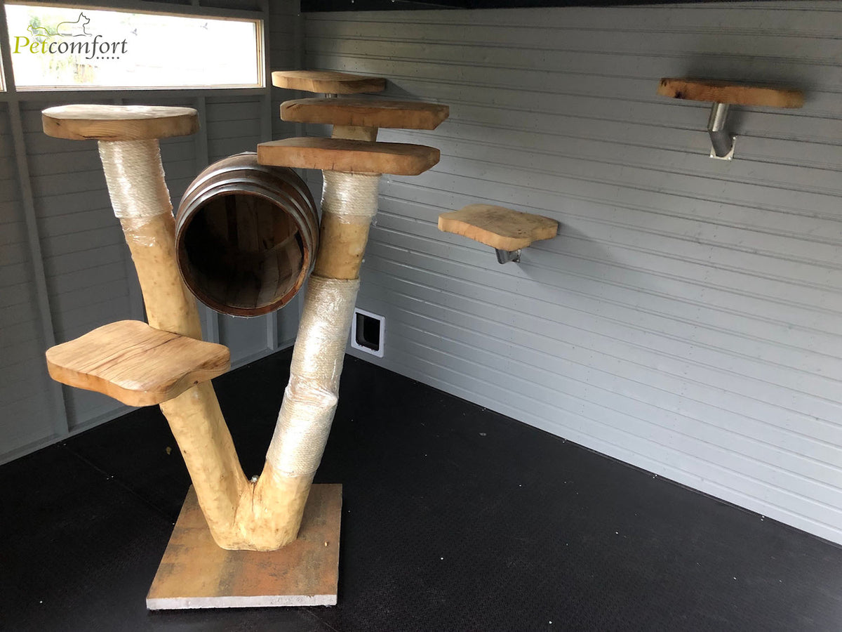 Kattenren met krabpaal en katten schappen