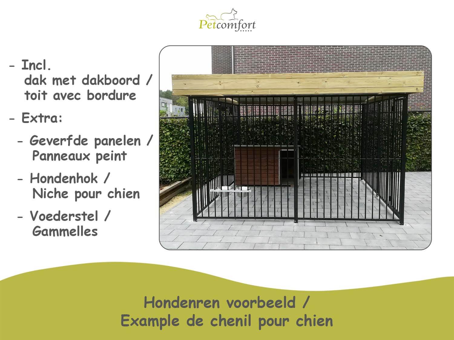 Hondenren voorbeeld met geverfde kennelpanelen en dak met dakboord