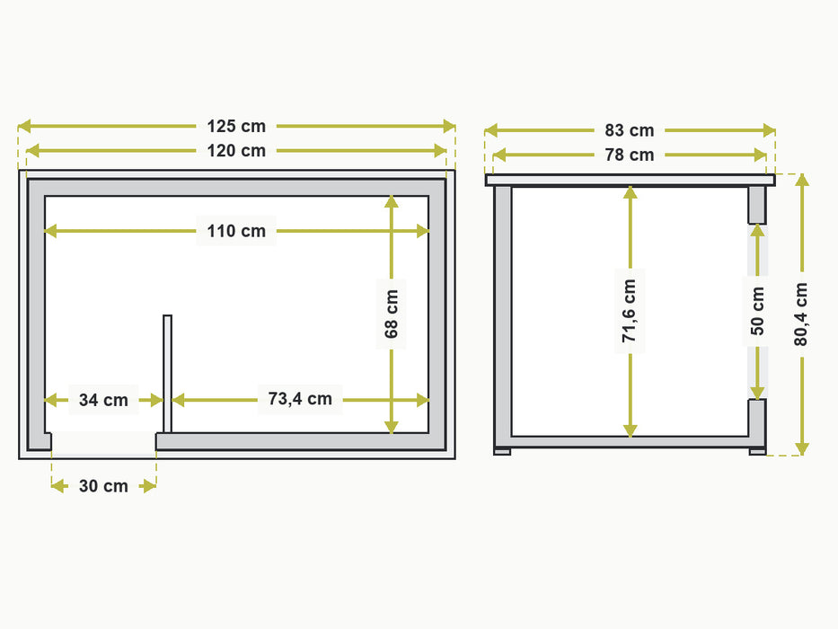 Interne en externe afmetingen HD12L hondenhok