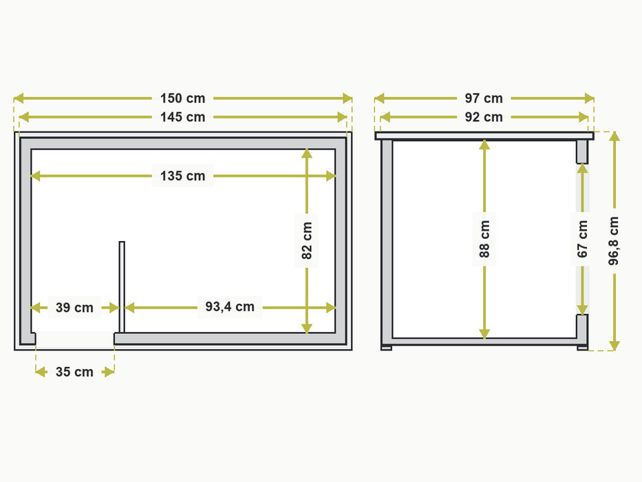 Interne en externe afmetingen HD15L hondenhok