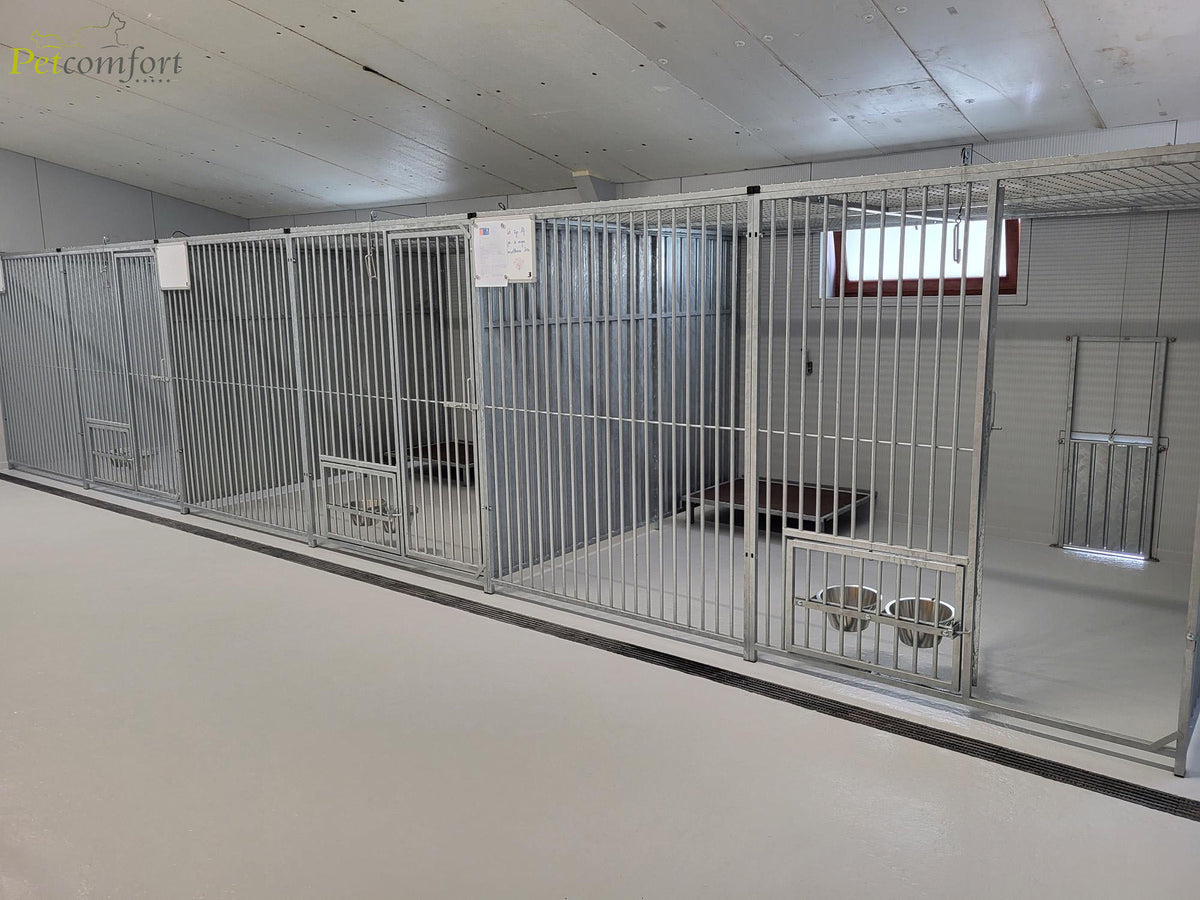 Hondenpension binnenrennen met vlonder, luik en voederstellen