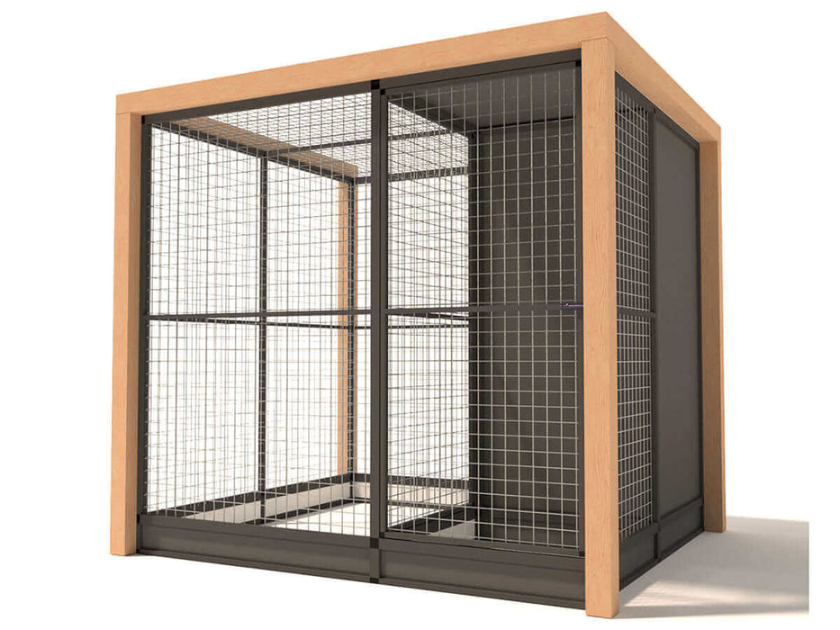 Enclos pour chats Deluxe en aluminium pour extérieur avec sas, abri et encadrement en bois