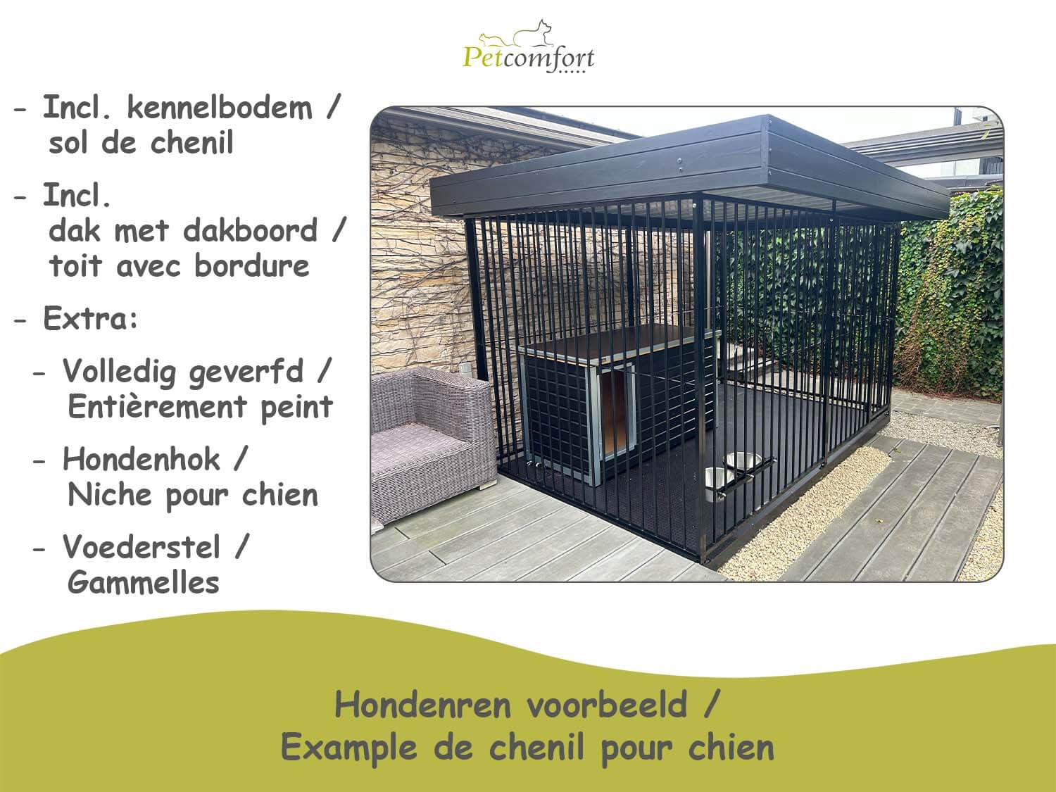 Voorbeeld volledig geverfde hondenren met kennelbodem en dak met dakboord