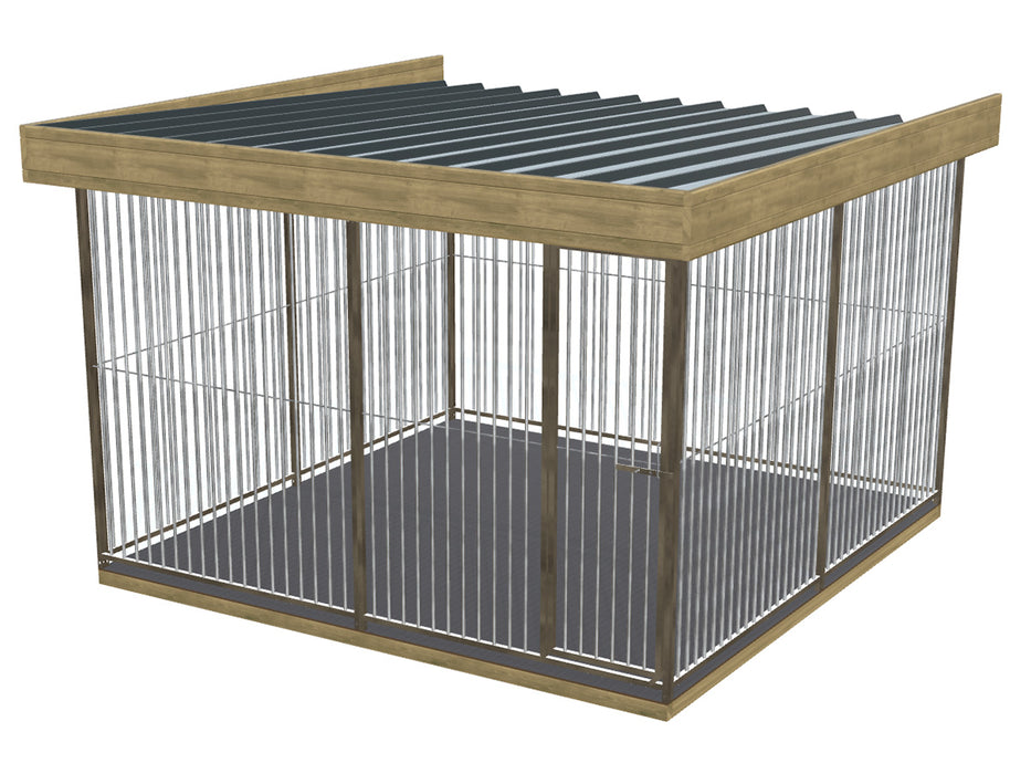 Volledige hondenkennel van 3x3m met vloer en dak met houten dakboord